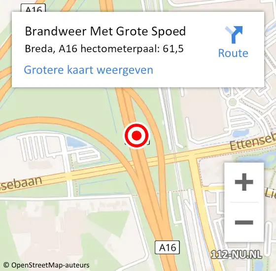 Locatie op kaart van de 112 melding: Brandweer Met Grote Spoed Naar Breda, A16 hectometerpaal: 61,5 op 26 juni 2022 20:13