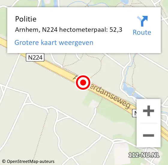 Locatie op kaart van de 112 melding: Politie Arnhem, N224 hectometerpaal: 52,3 op 27 juni 2022 03:23
