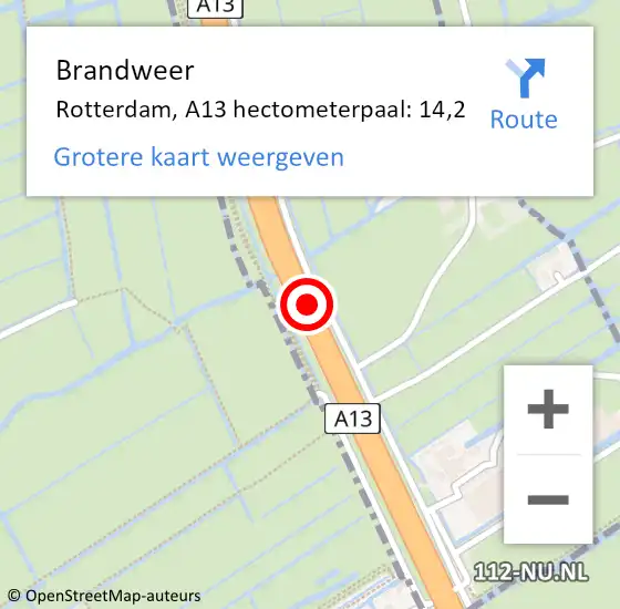 Locatie op kaart van de 112 melding: Brandweer Rotterdam, A13 hectometerpaal: 14,2 op 27 juni 2022 14:38