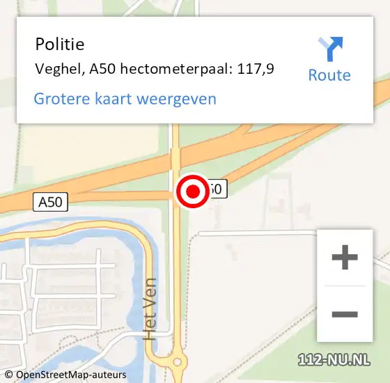 Locatie op kaart van de 112 melding: Politie Veghel, A50 hectometerpaal: 117,9 op 27 juni 2022 19:53