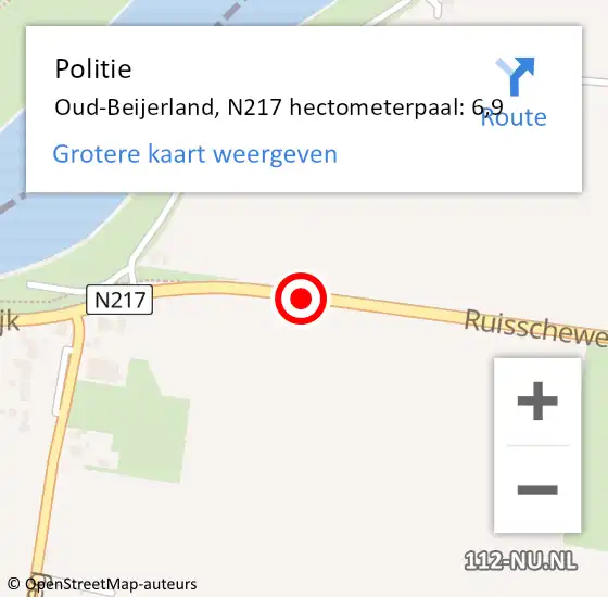 Locatie op kaart van de 112 melding: Politie Oud-Beijerland, N217 hectometerpaal: 6,9 op 28 juni 2022 05:40
