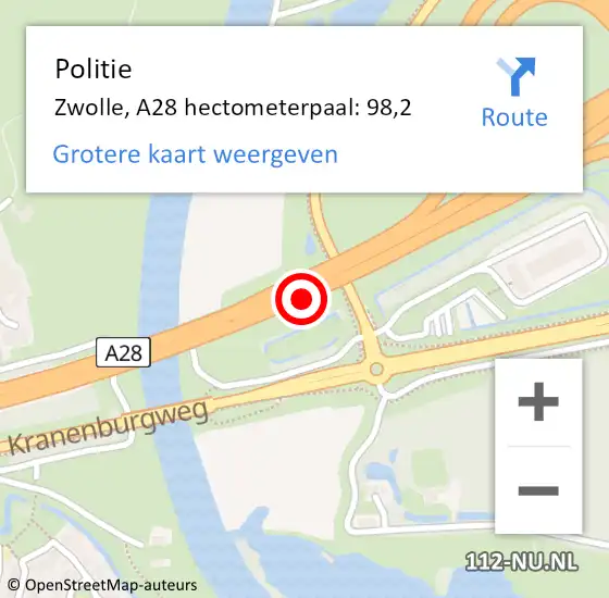Locatie op kaart van de 112 melding: Politie Zwolle, A28 hectometerpaal: 98,2 op 28 juni 2022 08:24