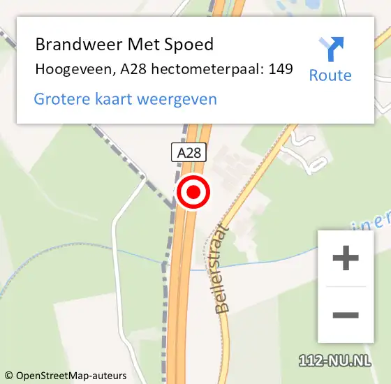 Locatie op kaart van de 112 melding: Brandweer Met Spoed Naar Hoogeveen, A28 hectometerpaal: 149 op 28 juni 2022 09:10