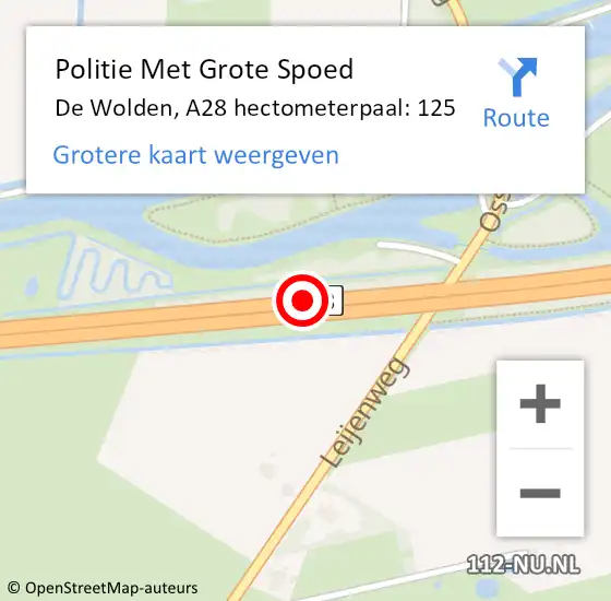 Locatie op kaart van de 112 melding: Politie Met Grote Spoed Naar De Wolden, A28 hectometerpaal: 125 op 28 juni 2022 14:48