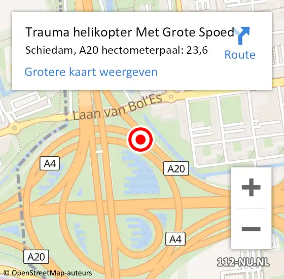 Locatie op kaart van de 112 melding: Trauma helikopter Met Grote Spoed Naar Schiedam, A20 hectometerpaal: 23,6 op 28 juni 2022 15:22
