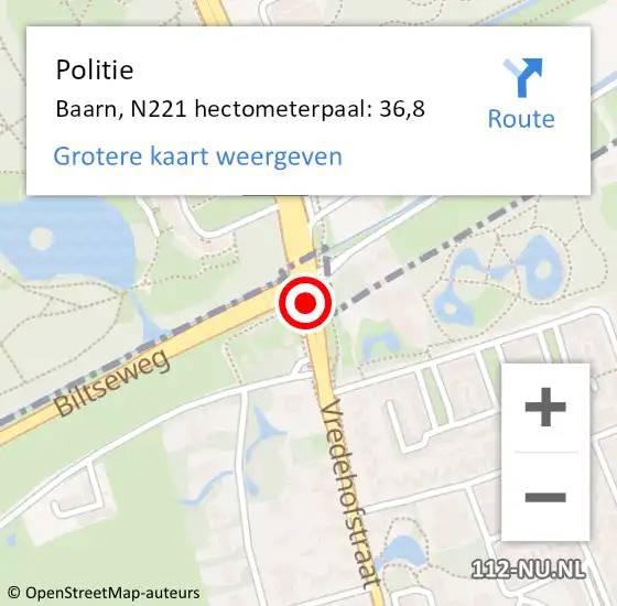 Locatie op kaart van de 112 melding: Politie Baarn, N221 hectometerpaal: 36,8 op 28 juni 2022 16:41
