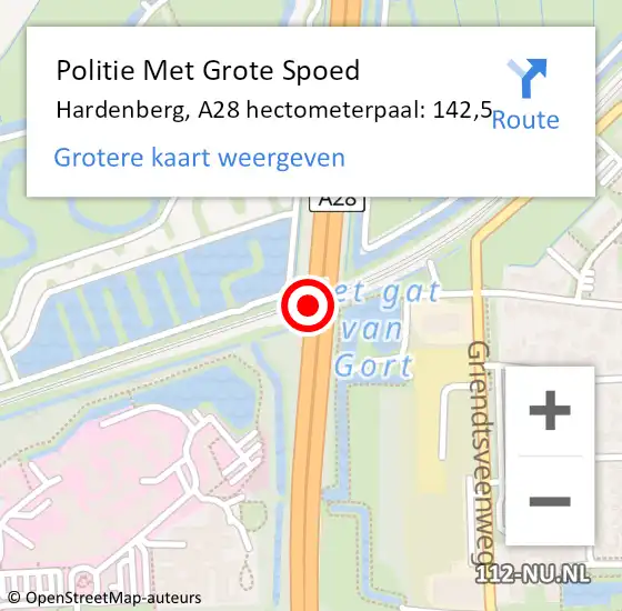 Locatie op kaart van de 112 melding: Politie Met Grote Spoed Naar Hardenberg, A28 hectometerpaal: 142,5 op 28 juni 2022 17:18