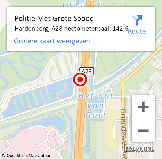 Locatie op kaart van de 112 melding: Politie Met Grote Spoed Naar Hardenberg, A28 hectometerpaal: 142,6 op 28 juni 2022 17:18