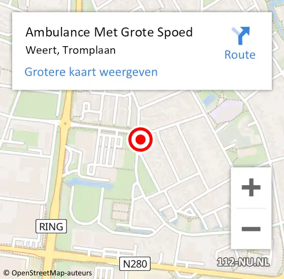 Locatie op kaart van de 112 melding: Ambulance Met Grote Spoed Naar Weert, Tromplaan op 28 juni 2022 21:11
