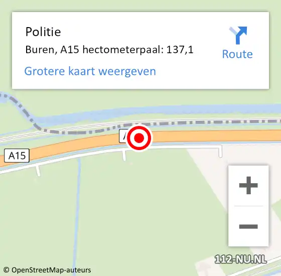 Locatie op kaart van de 112 melding: Politie Buren, A15 hectometerpaal: 137,1 op 28 juni 2022 21:42