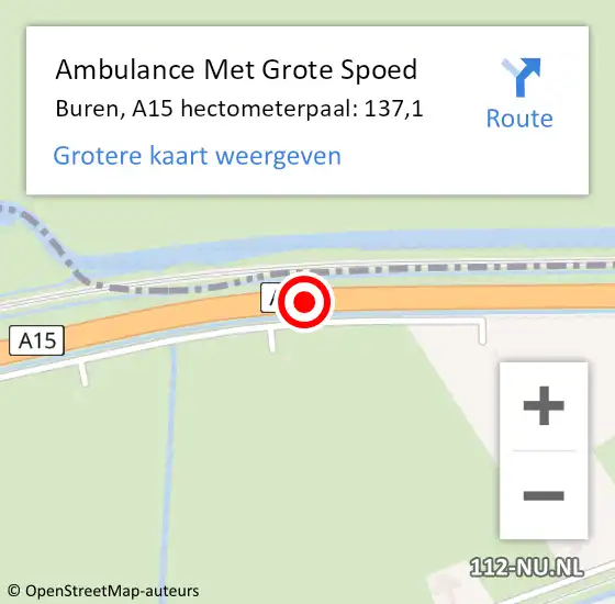Locatie op kaart van de 112 melding: Ambulance Met Grote Spoed Naar Buren, A15 hectometerpaal: 137,1 op 28 juni 2022 21:43