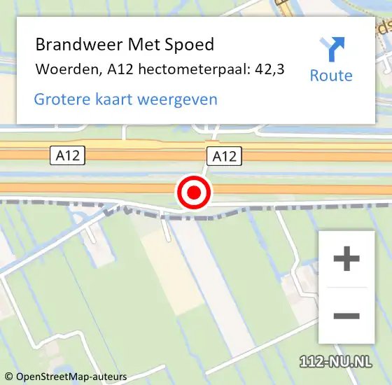 Locatie op kaart van de 112 melding: Brandweer Met Spoed Naar Woerden, A12 hectometerpaal: 42,3 op 28 juni 2022 21:57