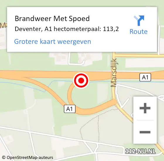 Locatie op kaart van de 112 melding: Brandweer Met Spoed Naar Deventer, A1 hectometerpaal: 113,2 op 28 juni 2022 23:27