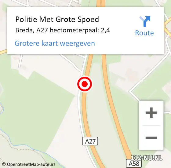 Locatie op kaart van de 112 melding: Politie Met Grote Spoed Naar Breda, A27 hectometerpaal: 2,4 op 29 juni 2022 06:33