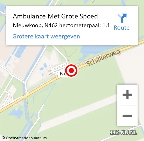 Locatie op kaart van de 112 melding: Ambulance Met Grote Spoed Naar Nieuwkoop, N462 hectometerpaal: 1,1 op 29 juni 2022 08:12