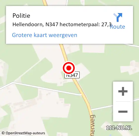 Locatie op kaart van de 112 melding: Politie Hellendoorn, N347 hectometerpaal: 27,3 op 29 juni 2022 10:20