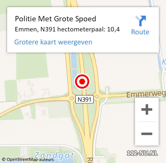Locatie op kaart van de 112 melding: Politie Met Grote Spoed Naar Emmen, N391 hectometerpaal: 10,4 op 29 juni 2022 11:14