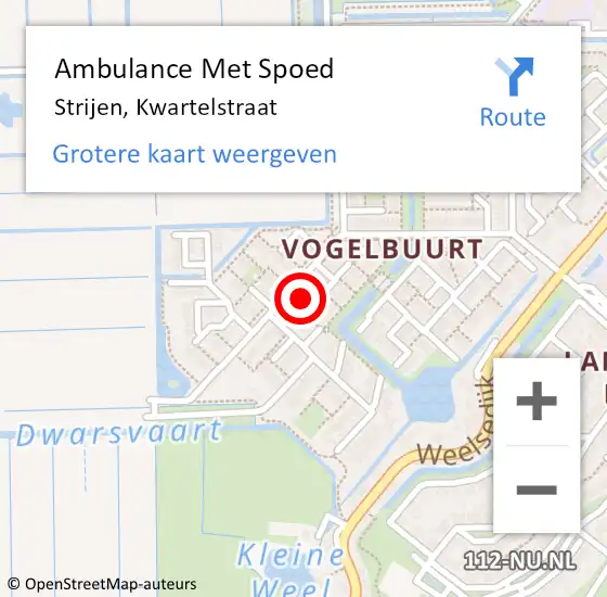 Locatie op kaart van de 112 melding: Ambulance Met Spoed Naar Strijen, Kwartelstraat op 29 juni 2022 13:33