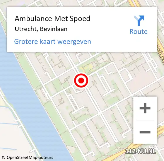 Locatie op kaart van de 112 melding: Ambulance Met Spoed Naar Utrecht, Bevinlaan op 21 juli 2014 18:04