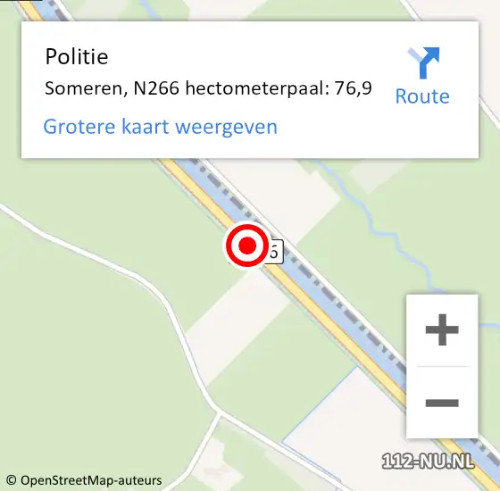 Locatie op kaart van de 112 melding: Politie Someren, N266 hectometerpaal: 76,9 op 29 juni 2022 16:52