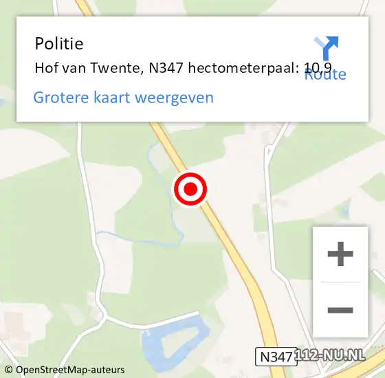 Locatie op kaart van de 112 melding: Politie Hof van Twente, N347 hectometerpaal: 10,9 op 29 juni 2022 17:04