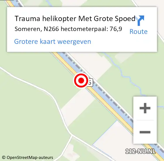 Locatie op kaart van de 112 melding: Trauma helikopter Met Grote Spoed Naar Someren, N266 hectometerpaal: 76,9 op 29 juni 2022 17:04