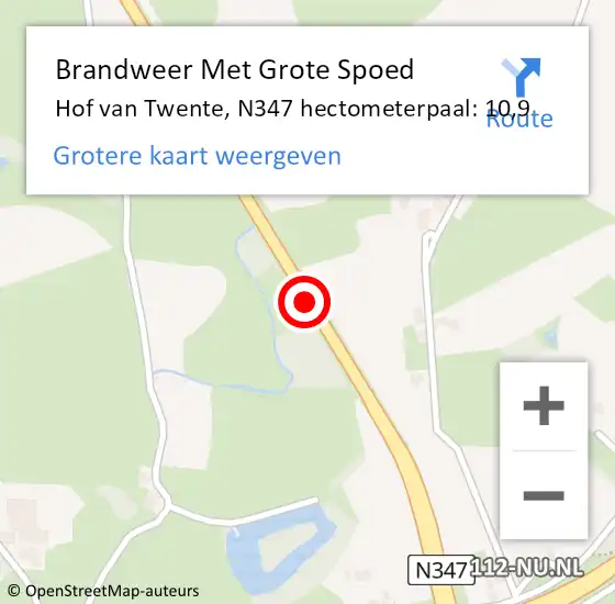Locatie op kaart van de 112 melding: Brandweer Met Grote Spoed Naar Hof van Twente, N347 hectometerpaal: 10,9 op 29 juni 2022 17:06