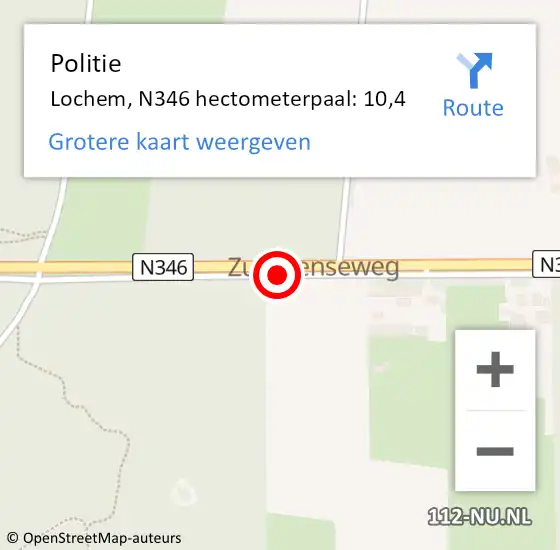 Locatie op kaart van de 112 melding: Politie Lochem, N346 hectometerpaal: 10,4 op 30 juni 2022 00:11