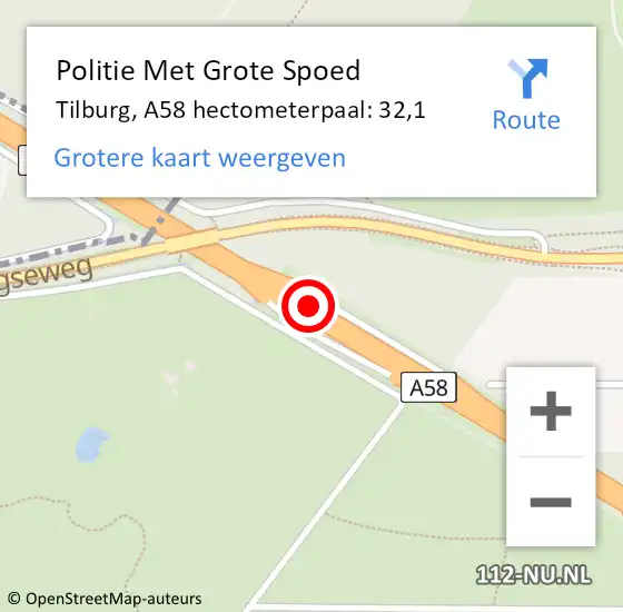 Locatie op kaart van de 112 melding: Politie Met Grote Spoed Naar Tilburg, A58 hectometerpaal: 32,1 op 30 juni 2022 15:33