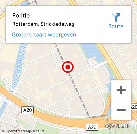 Locatie op kaart van de 112 melding: Politie Rotterdam, Strickledeweg op 30 juni 2022 22:38