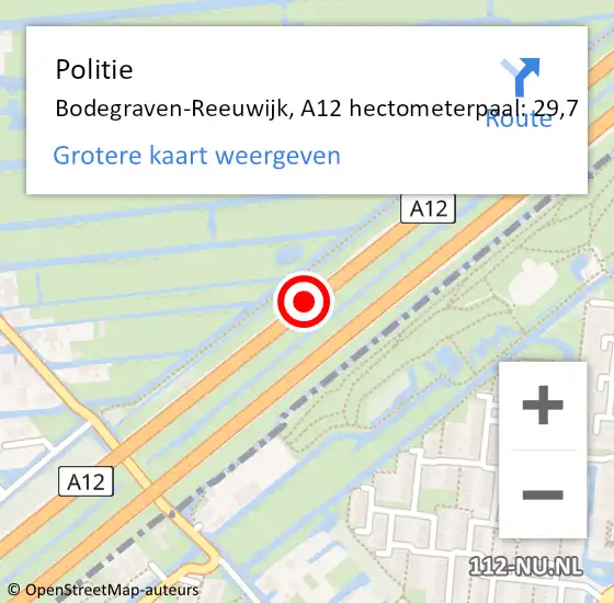 Locatie op kaart van de 112 melding: Politie Bodegraven-Reeuwijk, A12 hectometerpaal: 29,7 op 1 juli 2022 06:47