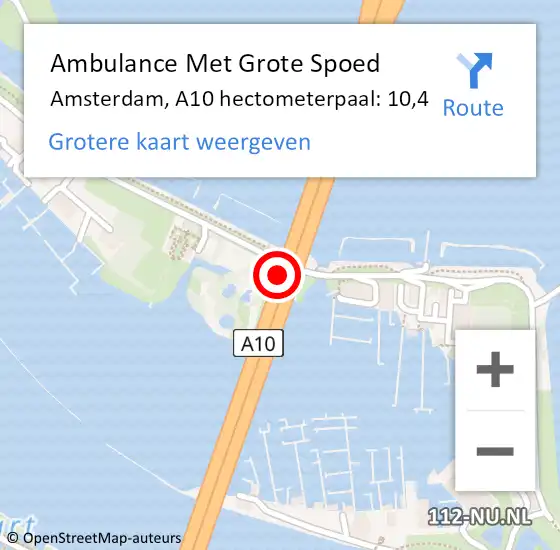 Locatie op kaart van de 112 melding: Ambulance Met Grote Spoed Naar Amsterdam, A10 hectometerpaal: 10,4 op 1 juli 2022 16:22