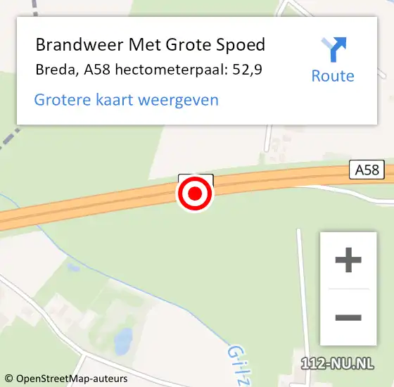 Locatie op kaart van de 112 melding: Brandweer Met Grote Spoed Naar Breda, A58 hectometerpaal: 52,9 op 1 juli 2022 21:39