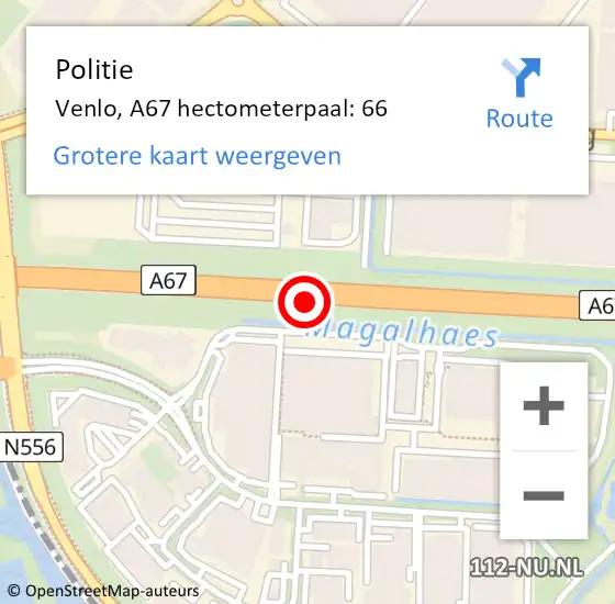 Locatie op kaart van de 112 melding: Politie Venlo, A67 hectometerpaal: 66 op 2 juli 2022 00:51