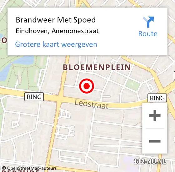 Locatie op kaart van de 112 melding: Brandweer Met Spoed Naar Eindhoven, Anemonestraat op 2 juli 2022 17:34