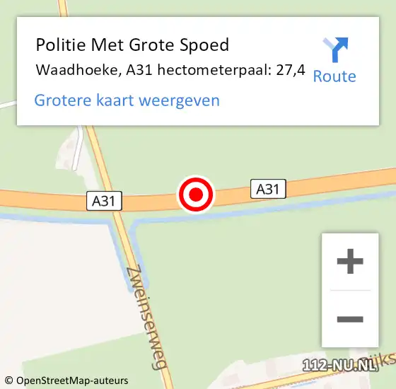 Locatie op kaart van de 112 melding: Politie Met Grote Spoed Naar Waadhoeke, A31 hectometerpaal: 27,4 op 3 juli 2022 13:44