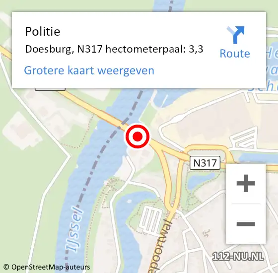 Locatie op kaart van de 112 melding: Politie Doesburg, N317 hectometerpaal: 3,3 op 3 juli 2022 14:28