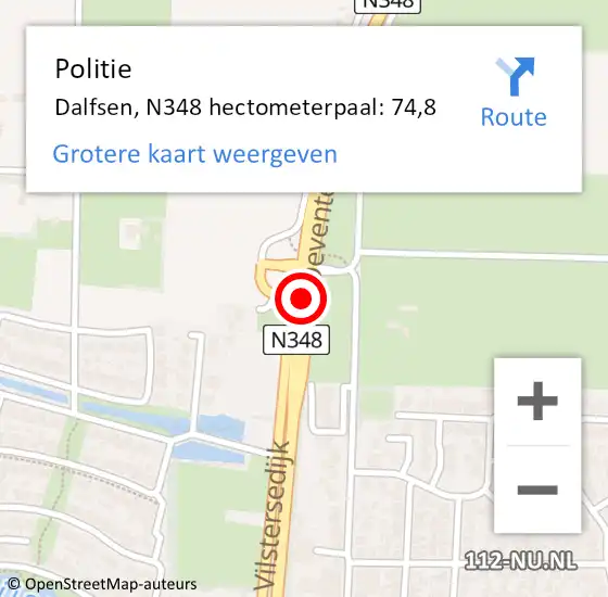 Locatie op kaart van de 112 melding: Politie Dalfsen, N348 hectometerpaal: 74,8 op 3 juli 2022 22:41