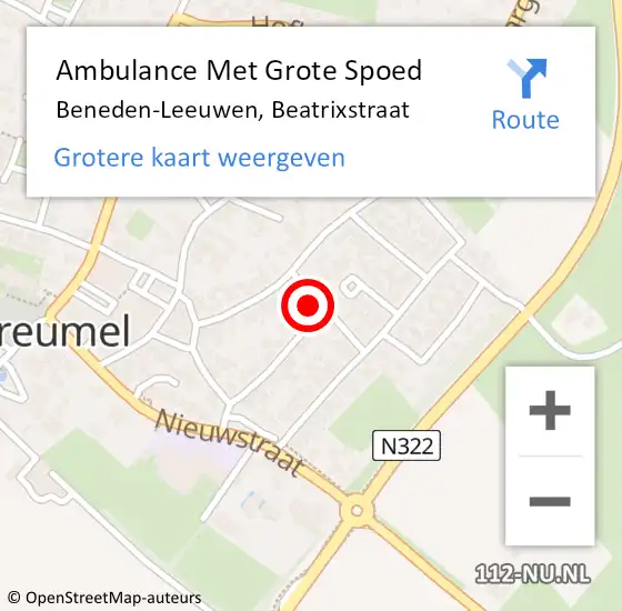 Locatie op kaart van de 112 melding: Ambulance Met Grote Spoed Naar Beneden-Leeuwen, Beatrixstraat op 4 juli 2022 03:14