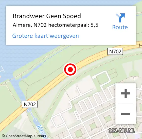 Locatie op kaart van de 112 melding: Brandweer Geen Spoed Naar Almere, N702 hectometerpaal: 5,5 op 4 juli 2022 03:59