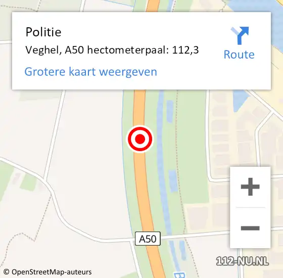 Locatie op kaart van de 112 melding: Politie Veghel, A50 hectometerpaal: 112,3 op 4 juli 2022 07:00