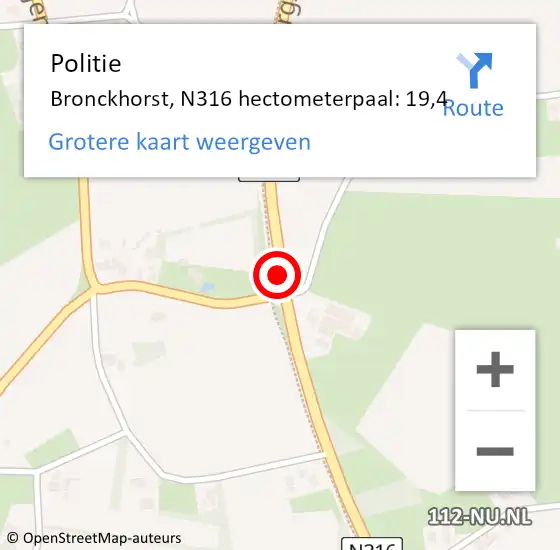 Locatie op kaart van de 112 melding: Politie Bronckhorst, N316 hectometerpaal: 19,4 op 5 juli 2022 11:44