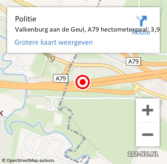 Locatie op kaart van de 112 melding: Politie Valkenburg aan de Geul, A79 hectometerpaal: 3,9 op 5 juli 2022 14:17