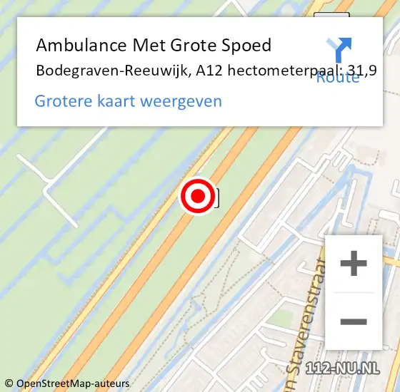 Locatie op kaart van de 112 melding: Ambulance Met Grote Spoed Naar Bodegraven-Reeuwijk, A12 hectometerpaal: 31,9 op 5 juli 2022 18:09