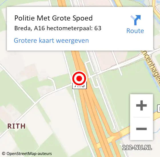 Locatie op kaart van de 112 melding: Politie Met Grote Spoed Naar Breda, A16 hectometerpaal: 63 op 6 juli 2022 01:03