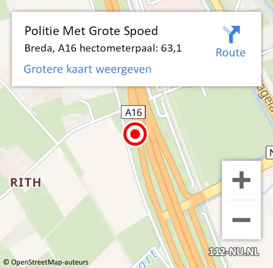 Locatie op kaart van de 112 melding: Politie Met Grote Spoed Naar Breda, A16 hectometerpaal: 63,1 op 6 juli 2022 01:03