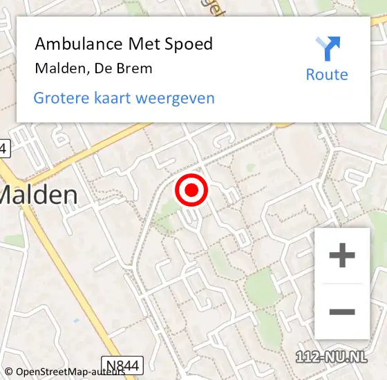 Locatie op kaart van de 112 melding: Ambulance Met Spoed Naar Malden, De Brem op 7 juli 2022 01:55