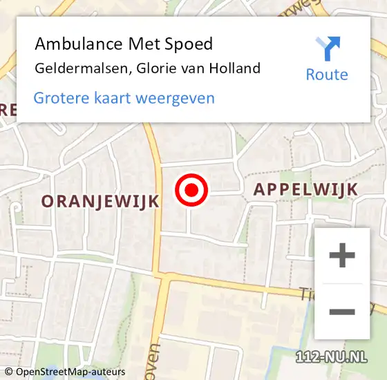 Locatie op kaart van de 112 melding: Ambulance Met Spoed Naar Geldermalsen, Glorie van Holland op 7 juli 2022 07:41