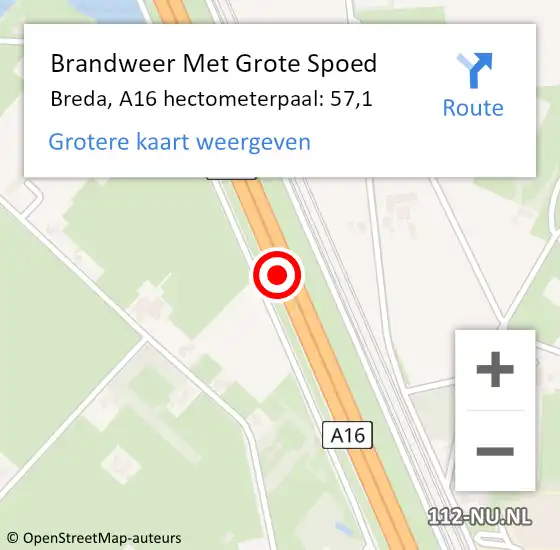 Locatie op kaart van de 112 melding: Brandweer Met Grote Spoed Naar Breda, A16 hectometerpaal: 57,1 op 7 juli 2022 07:41