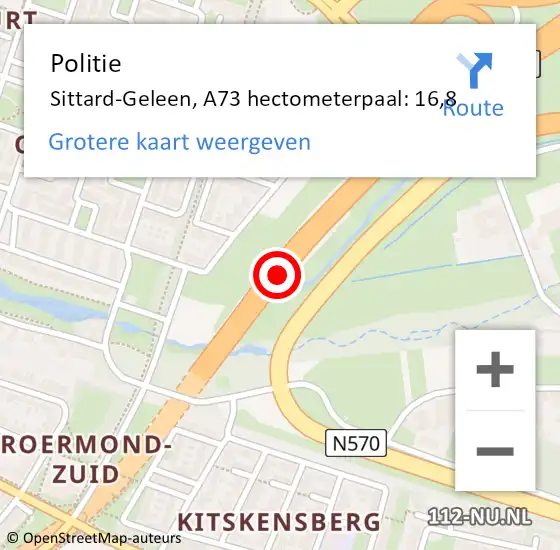 Locatie op kaart van de 112 melding: Politie Sittard-Geleen, A73 hectometerpaal: 16,8 op 7 juli 2022 07:44